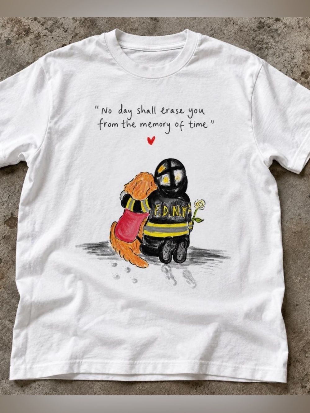 Gildan White Firefighter & Dog Illustration Tee, Casual Cute Graphic Style